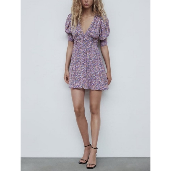 Zara Purple Blue Yellow Floral Puff Smocked Sleeve Sundress Mini, Deep Vneck, S - Picture 1 of 16